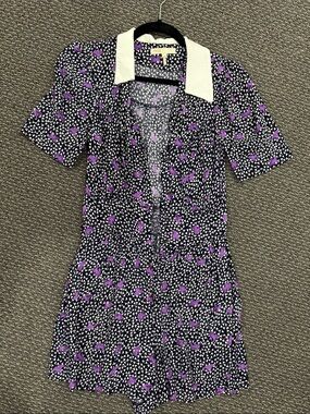Maje Collared Short Sleeve Romper with Purple Floral Print